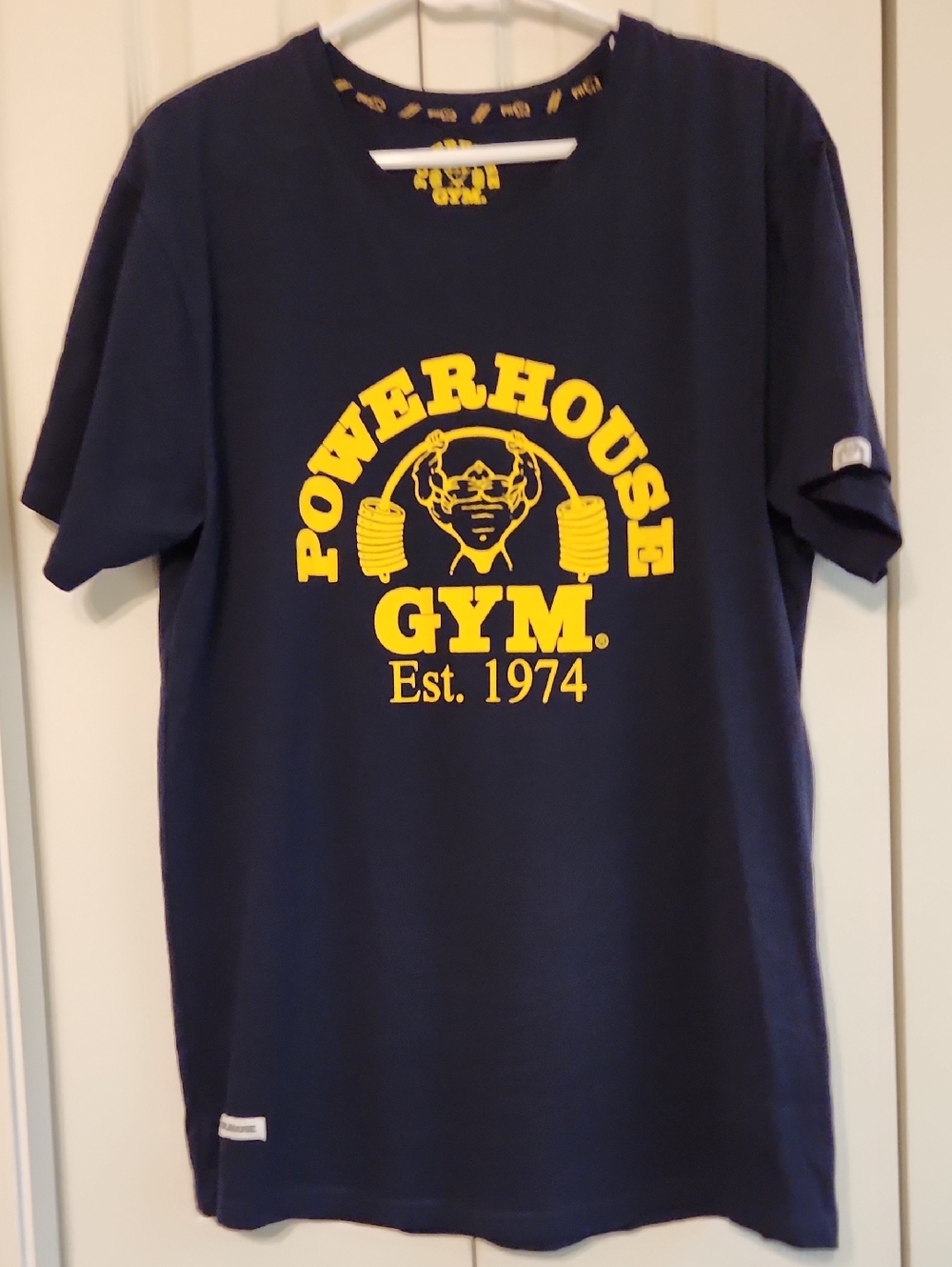 Powerhouse Gym Est. 1974 Navy T-Shirt with Yellow Logo EUC